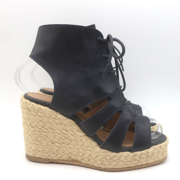 A.P.C. Lace-Up Open Toe Espadrille Wedge Booties Navy Leather Size 37 US 5.5