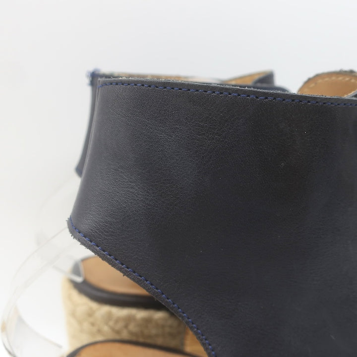 A.P.C. Lace-Up Open Toe Espadrille Wedge Booties Navy Leather Size 37 US 5.5