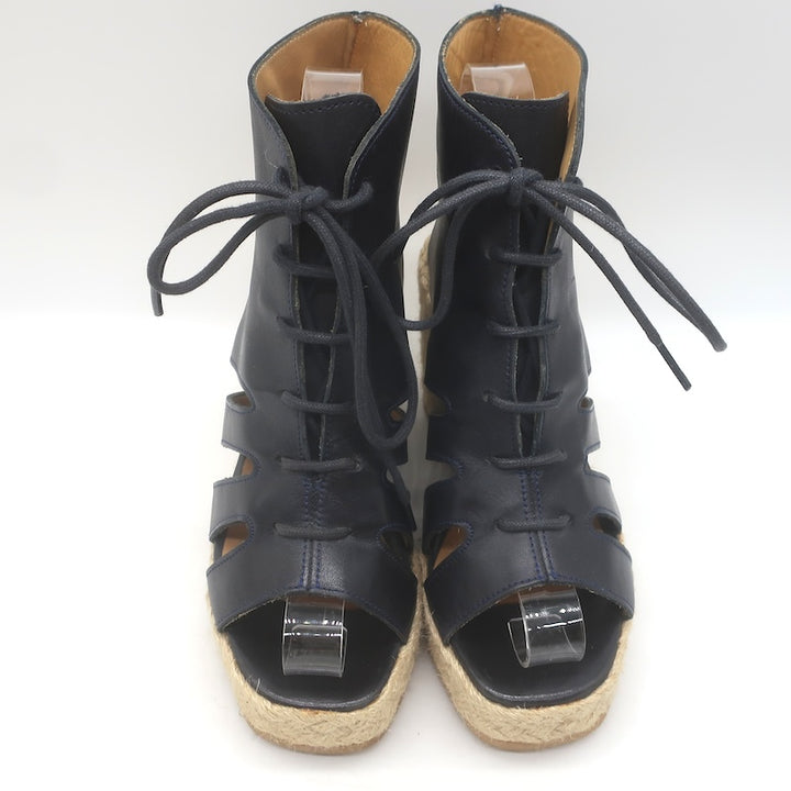A.P.C. Lace-Up Open Toe Espadrille Wedge Booties Navy Leather Size 37 US 5.5