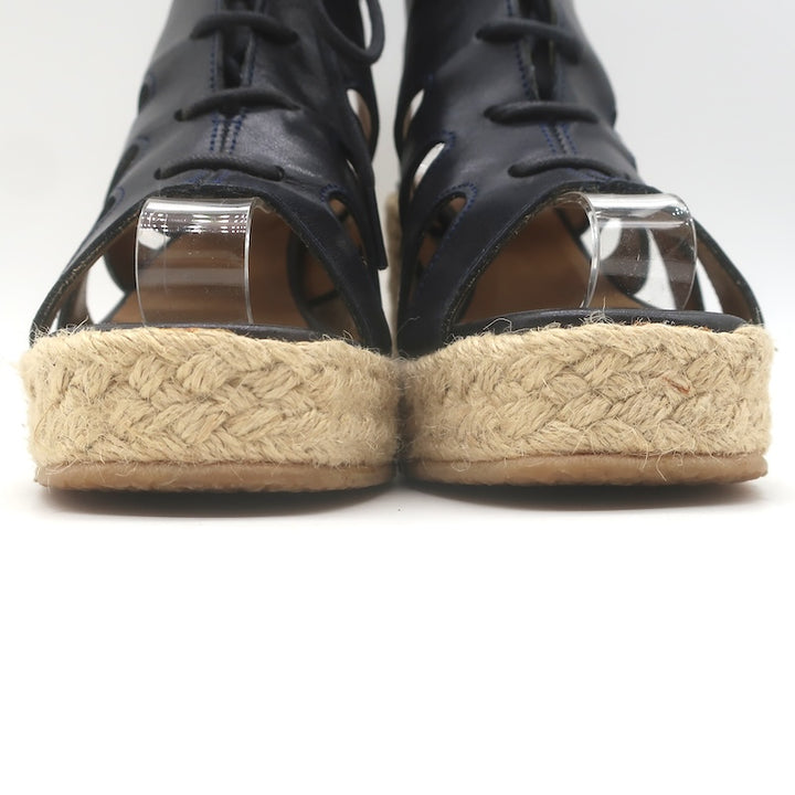 A.P.C. Lace-Up Open Toe Espadrille Wedge Booties Navy Leather Size 37 US 5.5