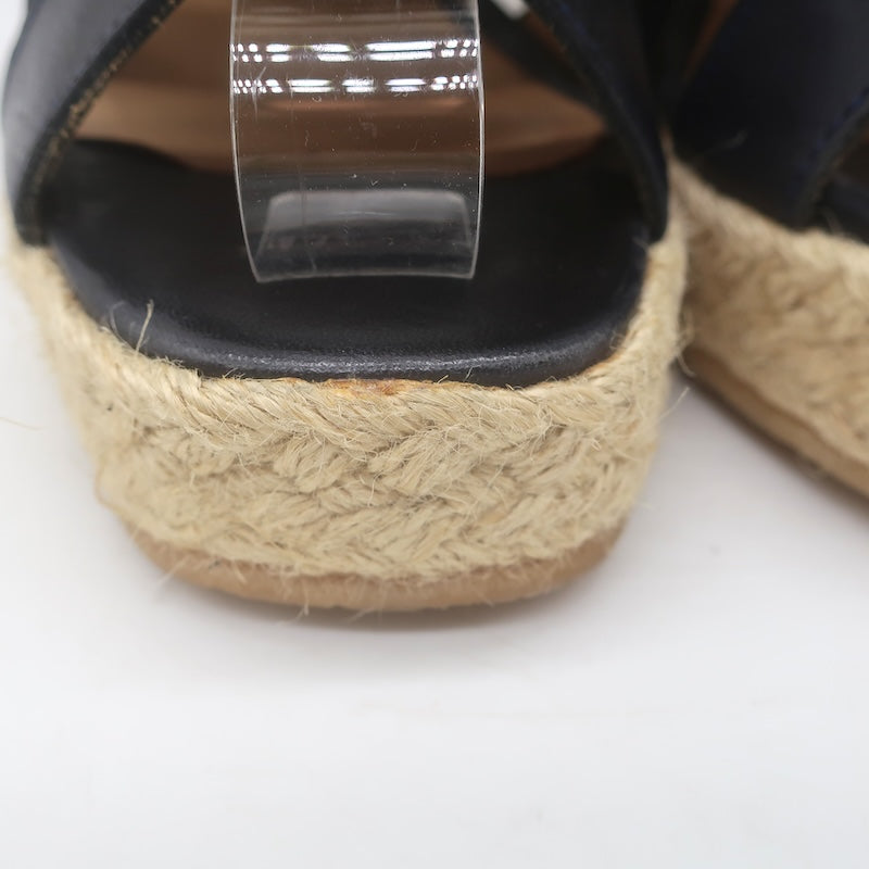 A.P.C. Lace-Up Open Toe Espadrille Wedge Booties Navy Leather Size 37 US 5.5