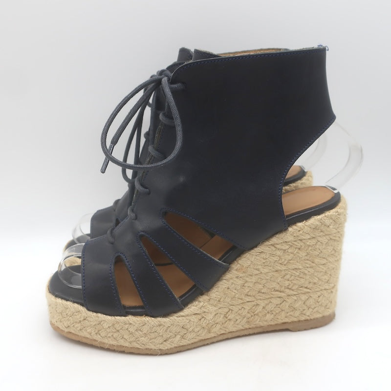 A.P.C. Lace-Up Open Toe Espadrille Wedge Booties Navy Leather Size 37 US 5.5