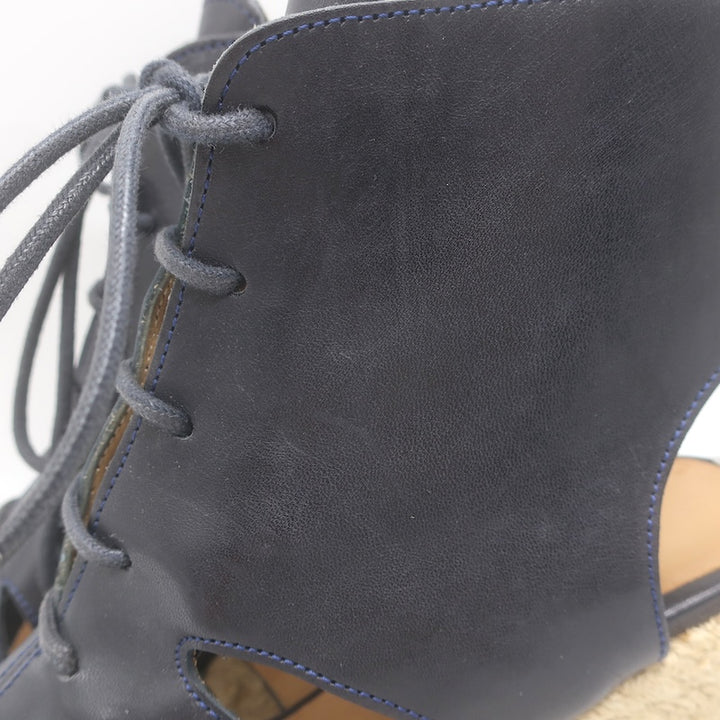 A.P.C. Lace-Up Open Toe Espadrille Wedge Booties Navy Leather Size 37 US 5.5