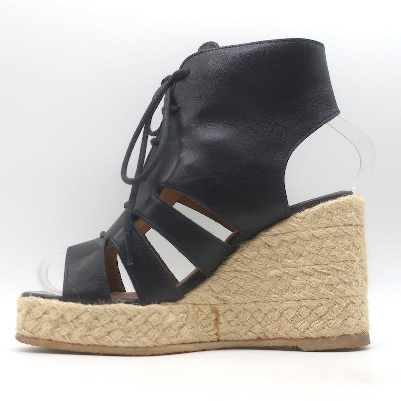 A.P.C. Lace-Up Open Toe Espadrille Wedge Booties Navy Leather Size 37 US 5.5