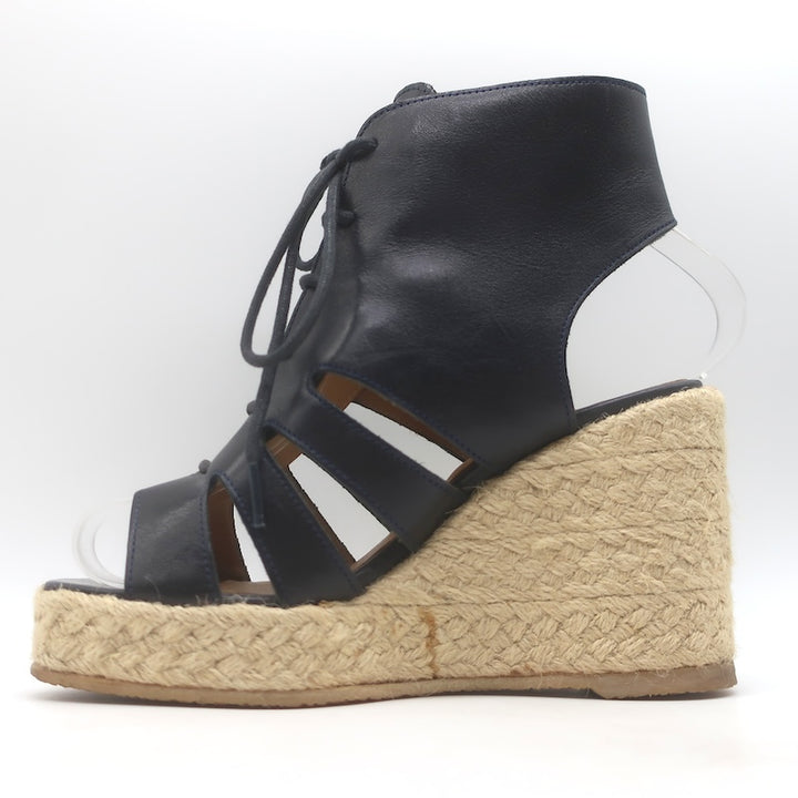 A.P.C. Lace-Up Open Toe Espadrille Wedge Booties Navy Leather Size 37 US 5.5