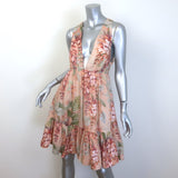 Zimmermann Candescent Plunge Neck Mini Dress Pink Floral Print Linen Size 3