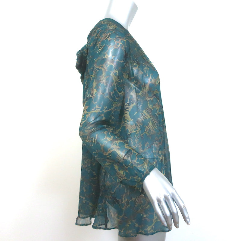 Zimmermann Bow-Back Blouse Teal Printed Chiffon Size 3 Long Sleeve Top