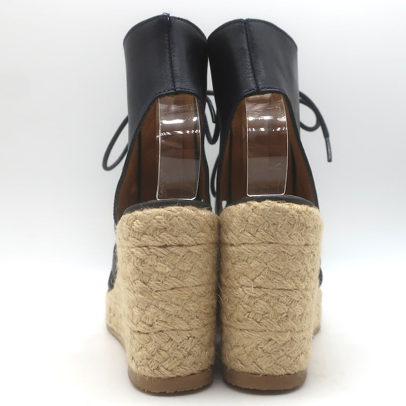 A.P.C. Lace-Up Open Toe Espadrille Wedge Booties Navy Leather Size 37 US 5.5