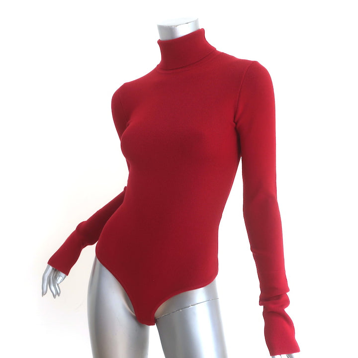 Khaite Cate Bodysuit Red Stretch Wool Size Small Turtleneck Sweater