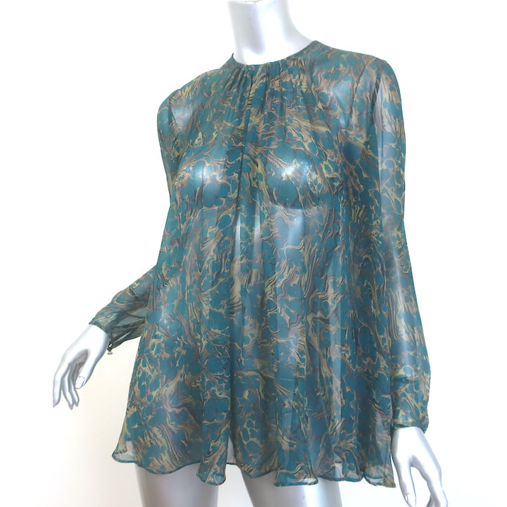 Zimmermann Bow-Back Blouse Teal Printed Chiffon Size 3 Long Sleeve Top