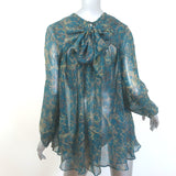 Zimmermann Bow-Back Blouse Teal Printed Chiffon Size 3 Long Sleeve Top