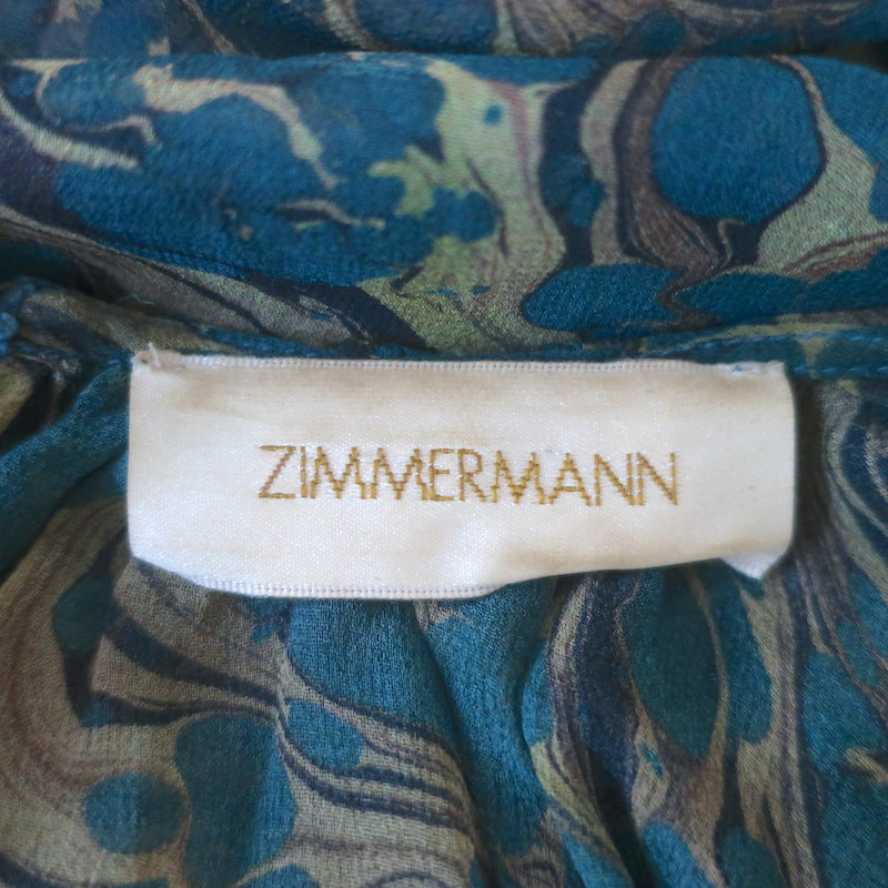 Zimmermann Bow-Back Blouse Teal Printed Chiffon Size 3 Long Sleeve Top