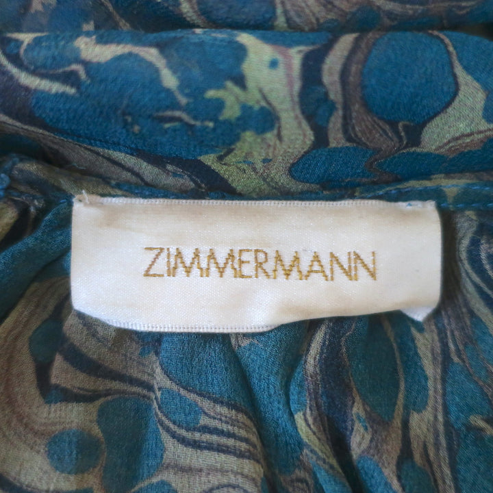 Zimmermann Bow-Back Blouse Teal Printed Chiffon Size 3 Long Sleeve Top