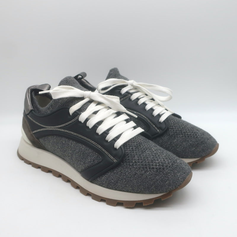 Brunello Cucinelli Monili-Trim Knit Running Sneakers Gray/Black Size 40