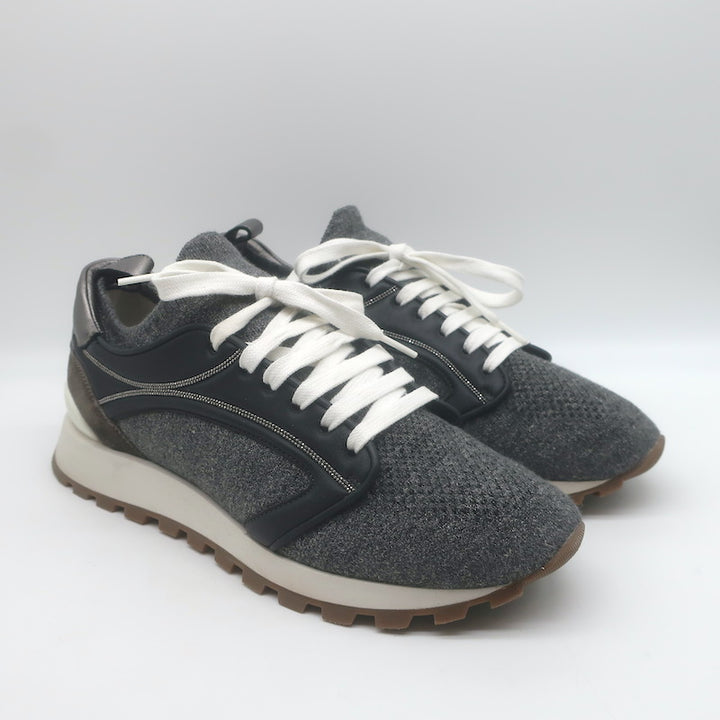 Brunello Cucinelli Monili-Trim Knit Running Sneakers Gray/Black Size 40