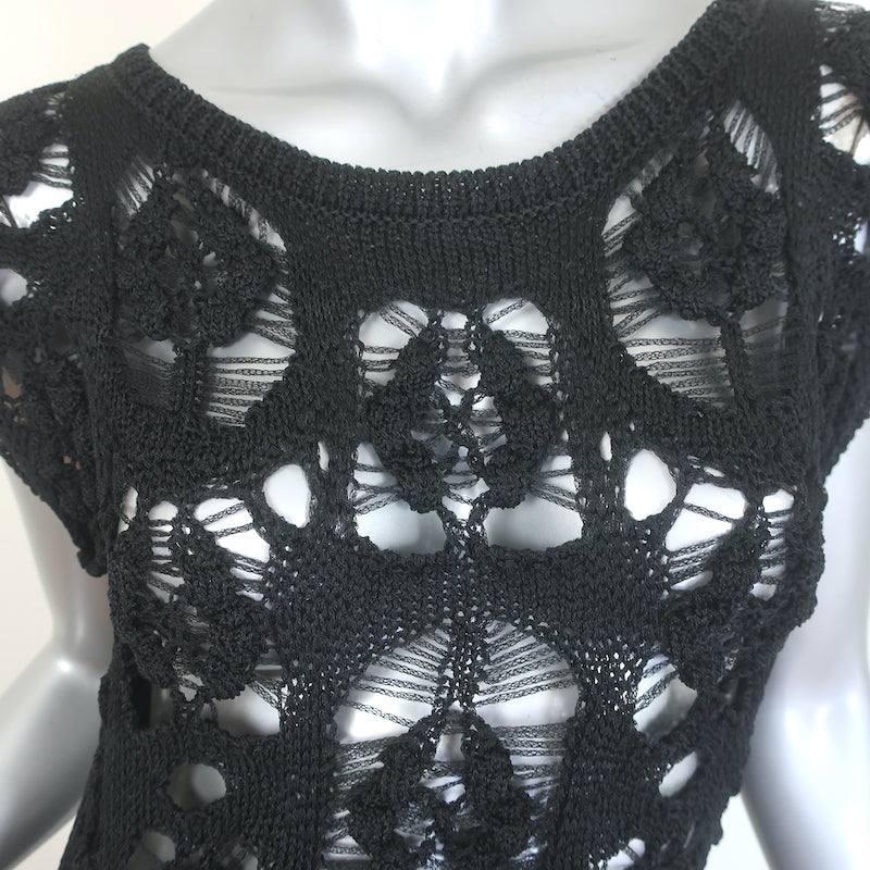 Chanel 17C Crochet Knit Cap Sleeve Maxi Dress Black Silk Size 38