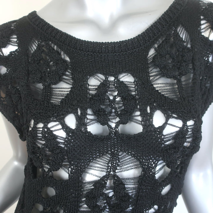 Chanel 17C Crochet Knit Cap Sleeve Maxi Dress Black Silk Size 38