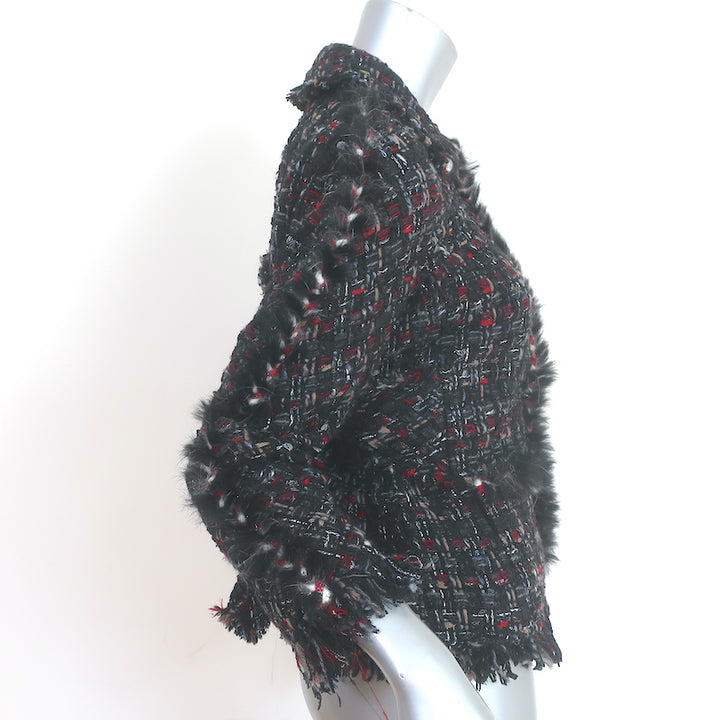 Chanel 10A Fur-Trimmed Tweed Tie Waist Jacket Black/Red Wool-Blend Size 36