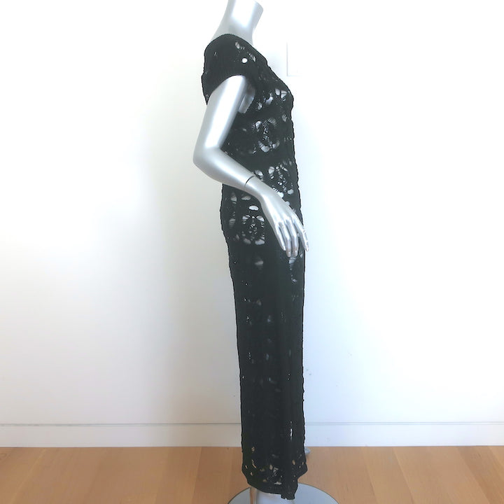 Chanel 17C Crochet Knit Cap Sleeve Maxi Dress Black Silk Size 38