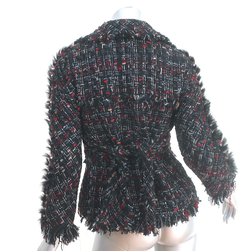 Chanel 10A Fur-Trimmed Tweed Tie Waist Jacket Black/Red Wool-Blend Size 36