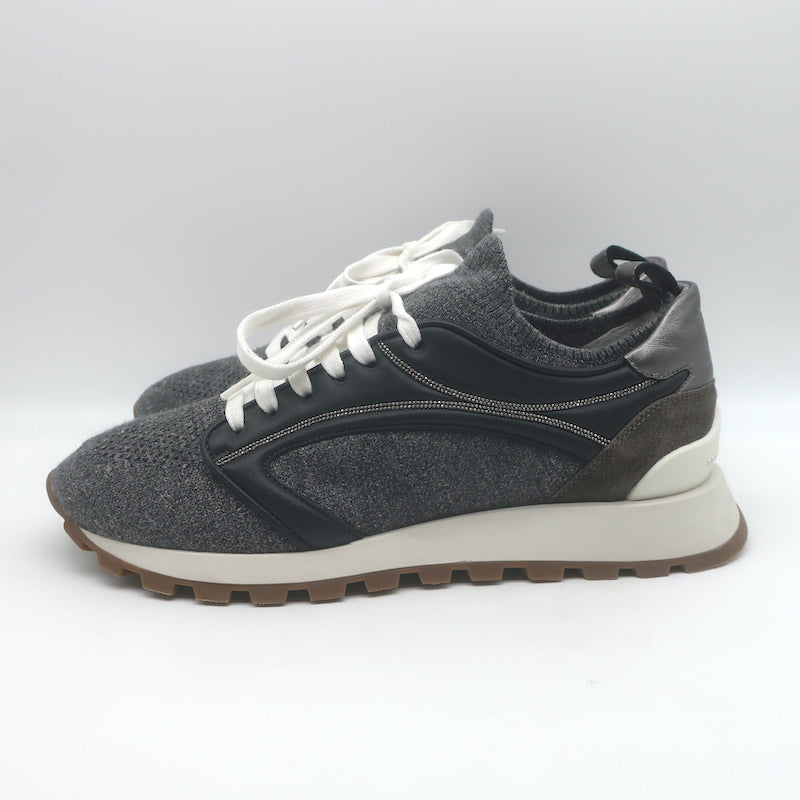 Brunello Cucinelli Monili-Trim Knit Running Sneakers Gray/Black Size 40