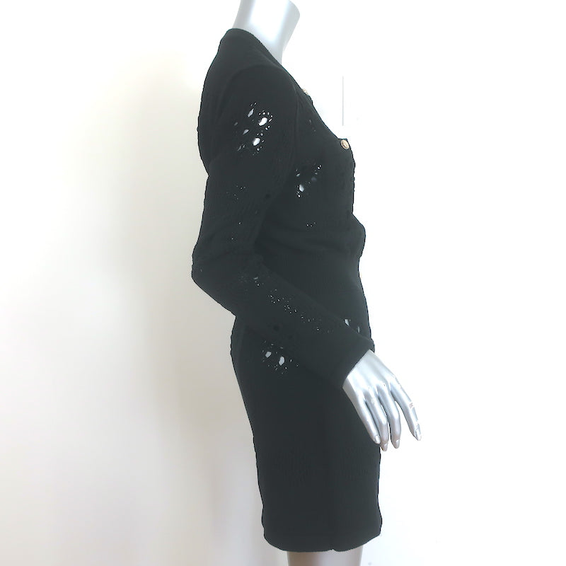 Chanel 21C Open-Knit Button Front Mini Dress Black Cotton Blend Size 42