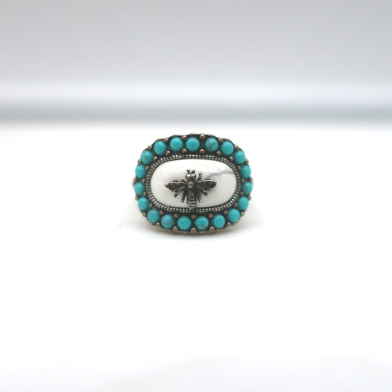 Christian Dior Bohemienne Turquoise &amp; Resin Bee Ring Silver Size 6 -Medium