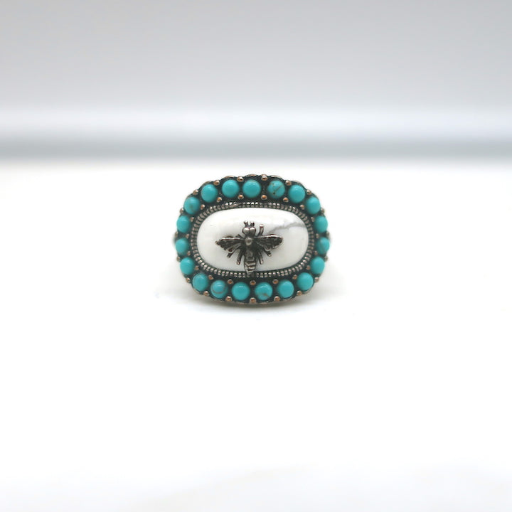 Christian Dior Bohemienne Turquoise &amp; Resin Bee Ring Silver Size 6 -Medium
