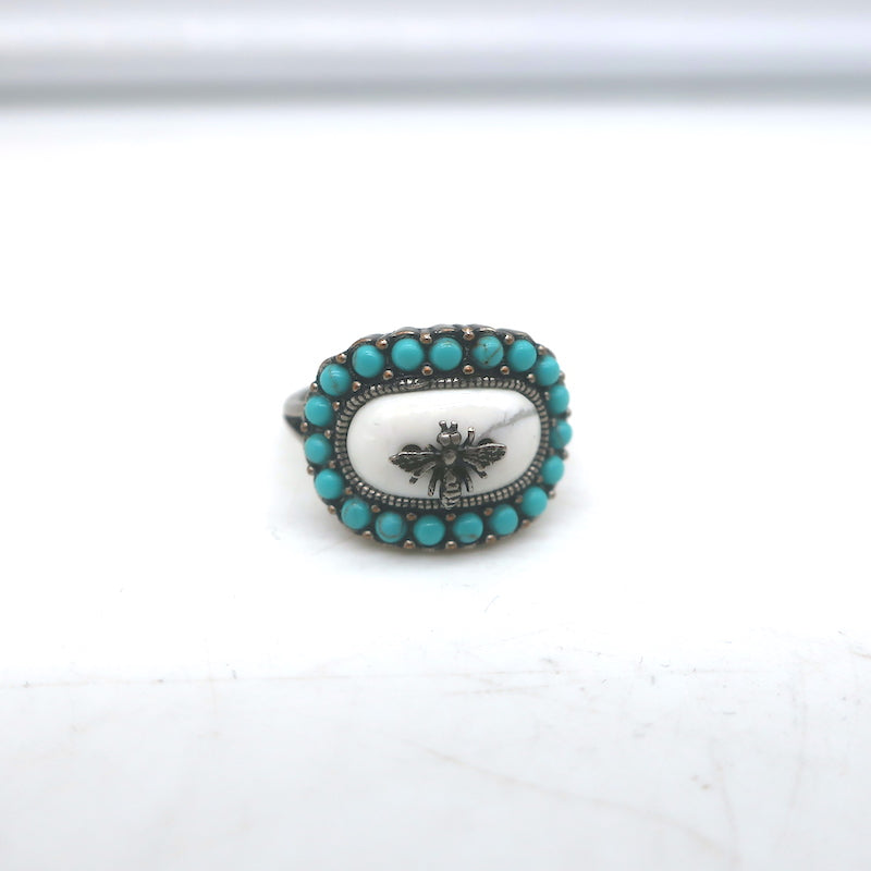 Christian Dior Bohemienne Turquoise &amp; Resin Bee Ring Silver Size 6 -Medium