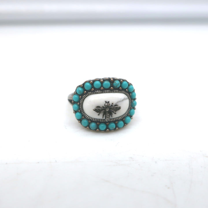 Christian Dior Bohemienne Turquoise &amp; Resin Bee Ring Silver Size 6 -Medium