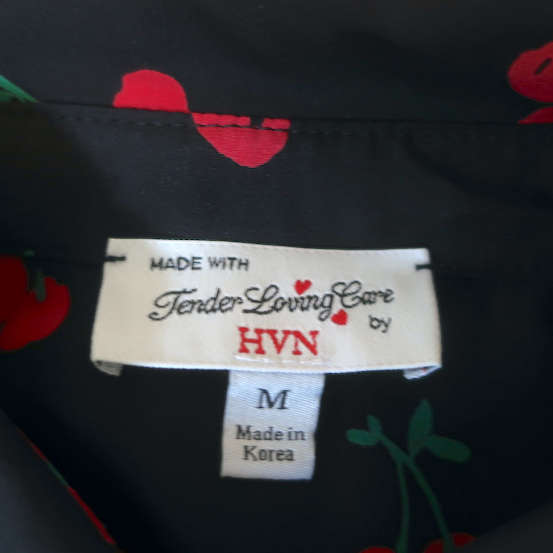 HVN Cristina Blouse Black Cherry Print Silk Size Medium Long Sleeve Top