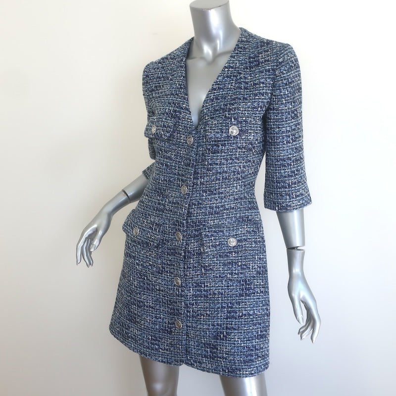 Maje Rollye Tweed Button-Up Mini Dress Blue Cotton-Blend Size 40 NEW