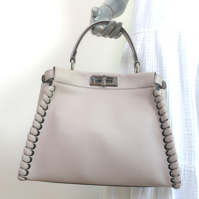 Fendi Peekaboo Medium Whipstitch Satchel Light Gray Leather Shoulder Bag