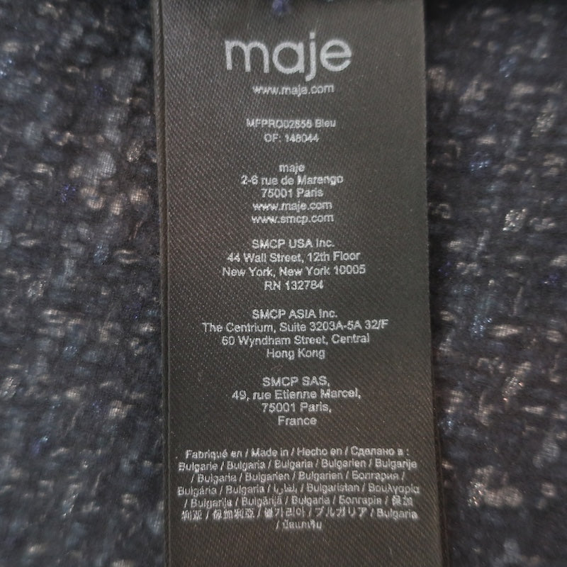 Maje Rollye Tweed Button-Up Mini Dress Blue Cotton-Blend Size 40 NEW