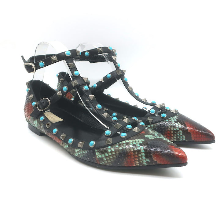 Valentino Rockstud Rolling Snakeskin Pointed Toe Caged Flats Black/Multi Size 41