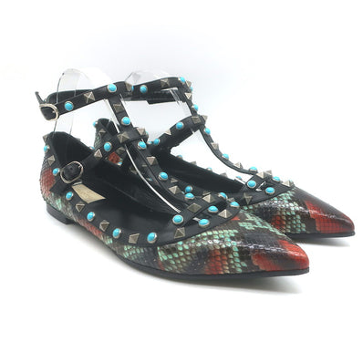 Valentino Rockstud Rolling Snakeskin Pointed Toe Caged Flats Black/Multi Size 41