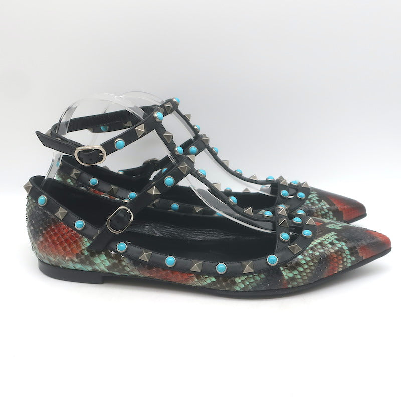 Valentino Rockstud Rolling Snakeskin Pointed Toe Caged Flats Black/Multi Size 41