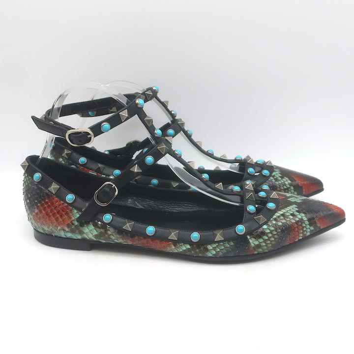 Valentino Rockstud Rolling Snakeskin Pointed Toe Caged Flats Black/Multi Size 41
