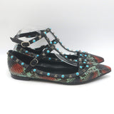 Valentino Rockstud Rolling Snakeskin Pointed Toe Caged Flats Black/Multi Size 41