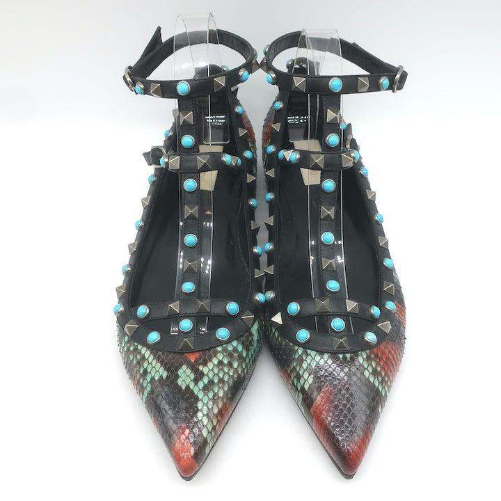 Valentino Rockstud Rolling Snakeskin Pointed Toe Caged Flats Black/Multi Size 41