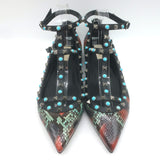 Valentino Rockstud Rolling Snakeskin Pointed Toe Caged Flats Black/Multi Size 41