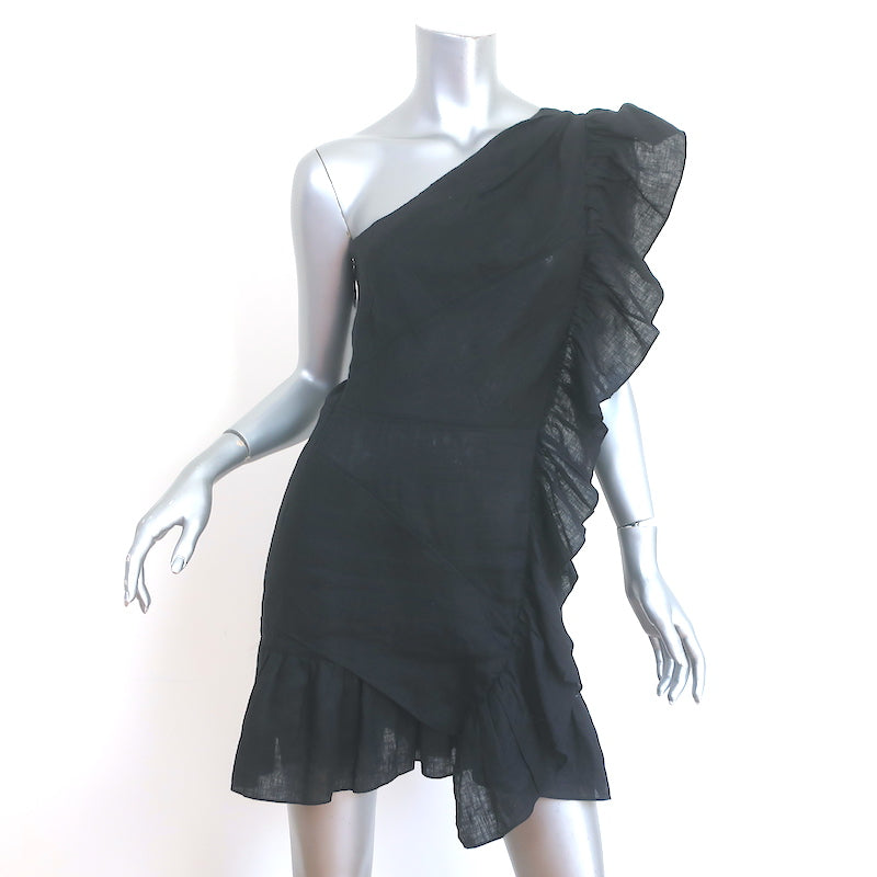 Isabel Marant Etoile Ruffled One Shoulder Mini Dress Teller Black Linen Size 38 Isabel Marant Etoile Ruffled One Shoulder Mini Dress Teller Black Linen Size 38