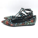 Valentino Rockstud Rolling Snakeskin Pointed Toe Caged Flats Black/Multi Size 41