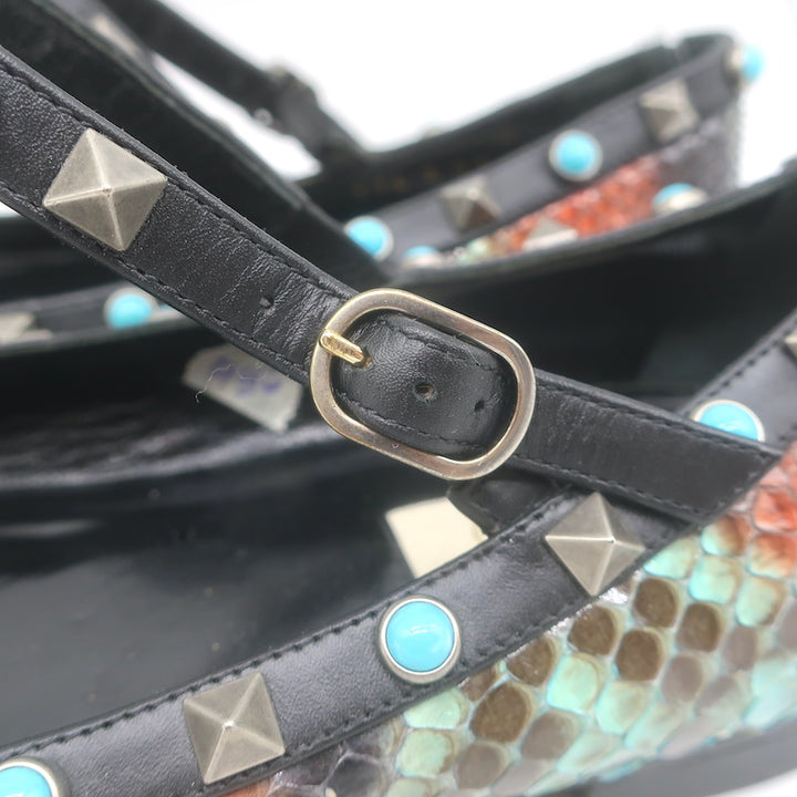 Valentino Rockstud Rolling Snakeskin Pointed Toe Caged Flats Black/Multi Size 41