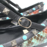 Valentino Rockstud Rolling Snakeskin Pointed Toe Caged Flats Black/Multi Size 41