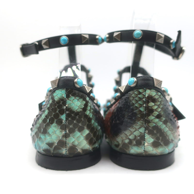 Valentino Rockstud Rolling Snakeskin Pointed Toe Caged Flats Black/Multi Size 41