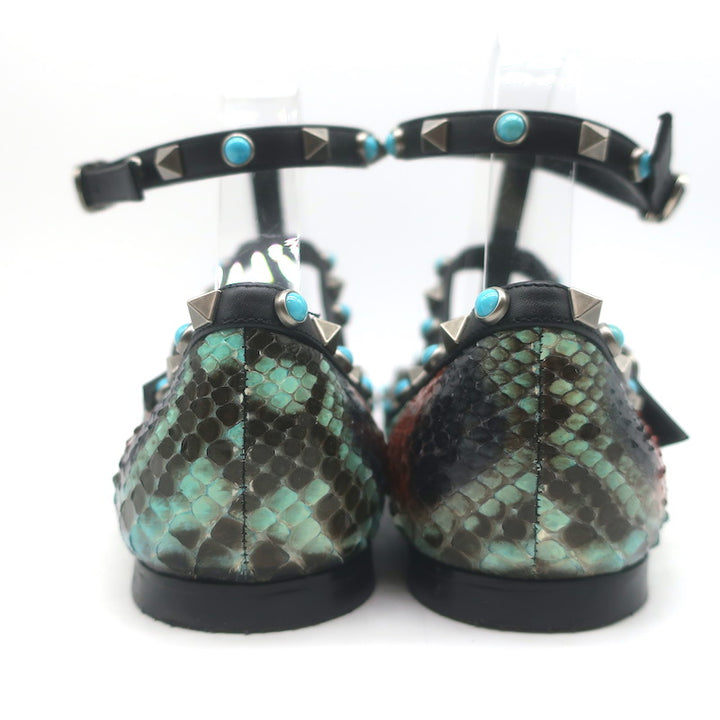 Valentino Rockstud Rolling Snakeskin Pointed Toe Caged Flats Black/Multi Size 41
