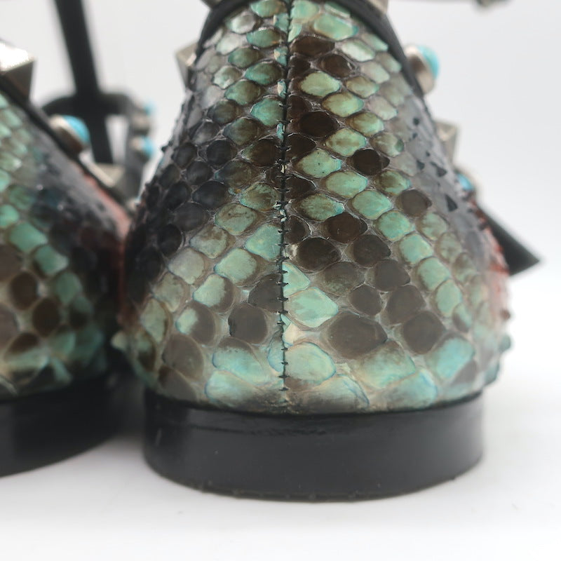 Valentino Rockstud Rolling Snakeskin Pointed Toe Caged Flats Black/Multi Size 41