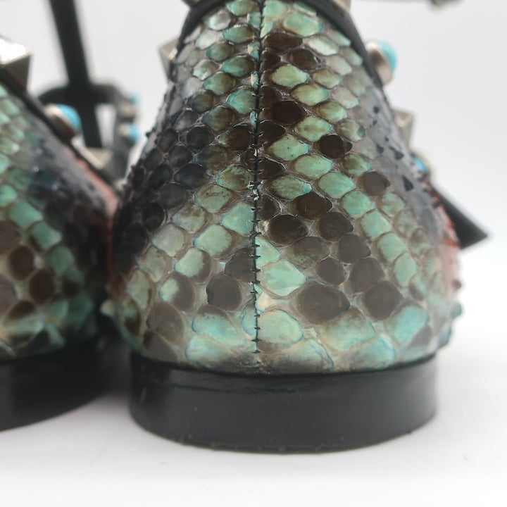 Valentino Rockstud Rolling Snakeskin Pointed Toe Caged Flats Black/Multi Size 41