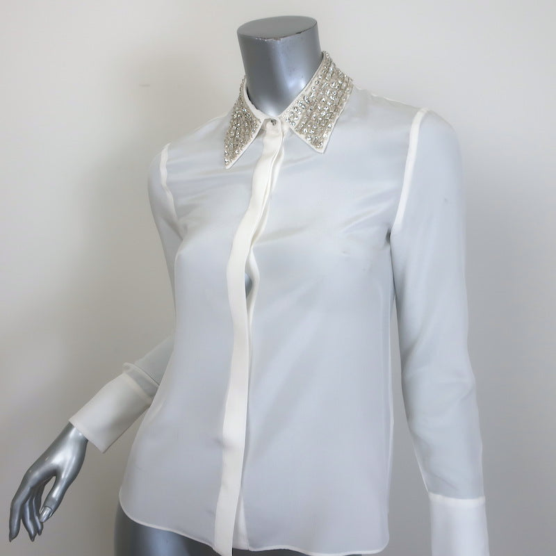 Alice + Olivia Willa Crystal-Embellished Collar Top Cream Silk Size Extra Small